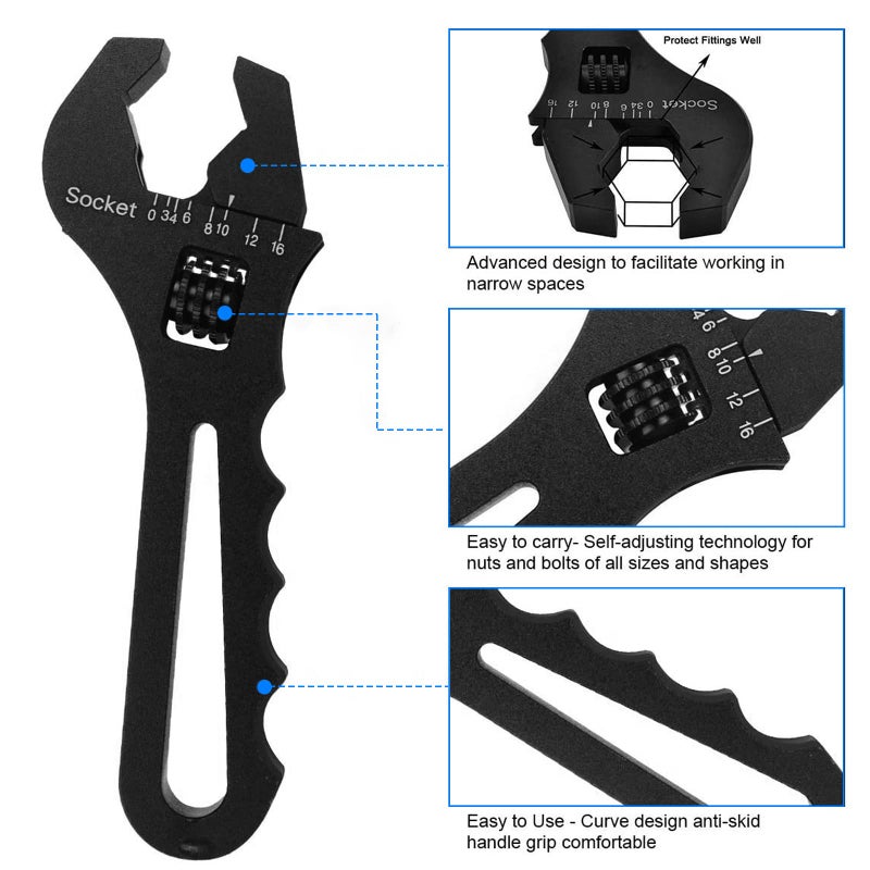 SYKRSS An Fitting Wrench 3AN-16AN Adjustable Wrench Aluminum Lightweight Spanner Tools for An Hose Fitting Adapter End  Black - Image 4